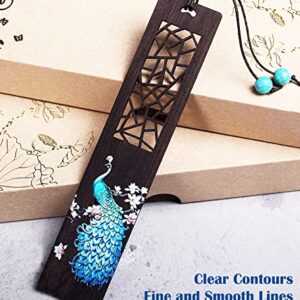 KAIY Handmade Wooden Bookmark Gift Box, Natural Hard Wood Bookmark Peacock Hollowed Out Pattern Color Drawing Bookmark with Tassel, Birthday Gifts for Women Men Teachers Girls Mom Lady Book Lover