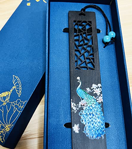 KAIY Handmade Wooden Bookmark Gift Box, Natural Hard Wood Bookmark Peacock Hollowed Out Pattern Color Drawing Bookmark with Tassel, Birthday Gifts for Women Men Teachers Girls Mom Lady Book Lover