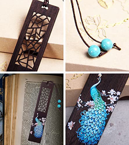 KAIY Handmade Wooden Bookmark Gift Box, Natural Hard Wood Bookmark Peacock Hollowed Out Pattern Color Drawing Bookmark with Tassel, Birthday Gifts for Women Men Teachers Girls Mom Lady Book Lover