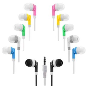 deal maniac 25 pack multi color kid’s wired earbud headphones, disposable earbuds, individually bagged, perfect for students in classroom libraries schools, bulk wholesale