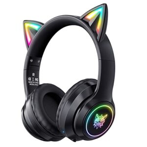 ONITOON Cat Ear Bluetooth Headphones with Micphone for Kids & Adults, LED Light Up Wireless HI-FI Sound Quality, Over-Ear Headphones with Volume Control for iPhone/iPad/Laptop/PC(55H Play Time)