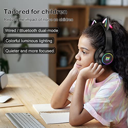 ONITOON Cat Ear Bluetooth Headphones with Micphone for Kids & Adults, LED Light Up Wireless HI-FI Sound Quality, Over-Ear Headphones with Volume Control for iPhone/iPad/Laptop/PC(55H Play Time)