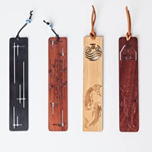 Villani Line & Bamboo Engraved Wooden Bookmark Leather Tassel Handmade Natural Hand Stained Wood for Books Accessory Unique Design Gift Set Perfect Men Women Kids Students Teachers Writers Readers