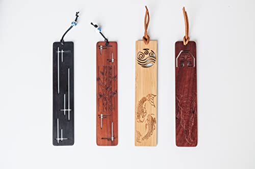 Villani Line & Bamboo Engraved Wooden Bookmark Leather Tassel Handmade Natural Hand Stained Wood for Books Accessory Unique Design Gift Set Perfect Men Women Kids Students Teachers Writers Readers