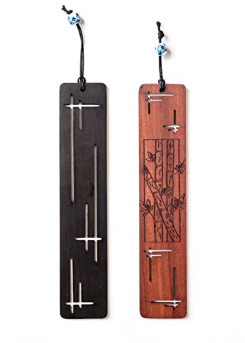 Villani Line & Bamboo Engraved Wooden Bookmark Leather Tassel Handmade Natural Hand Stained Wood for Books Accessory Unique Design Gift Set Perfect Men Women Kids Students Teachers Writers Readers