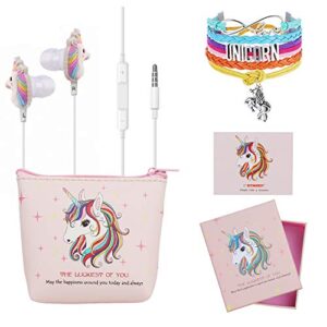 dtmnep unicorn gifts for girls – earbuds earphones for kids compatible with apple android with rainbow unicorn bracelet wristband/headphone case/gift card/gift box, and back to school supply for kids