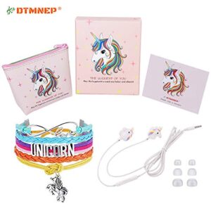 DTMNEP Unicorn Gifts for Girls - Earbuds Earphones for Kids Compatible with Apple Android with Rainbow Unicorn Bracelet Wristband/Headphone Case/Gift Card/Gift Box, and Back to School Supply for Kids