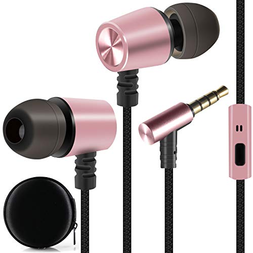 EXMAX S3 Deep Bass 3.5mm Earphones Wired Earbuds in Ear Buds Workout Headphones with Microphone Mic Magnetic Design Stereo Sound Metal Tangle-Free for Smartphone Laptop Computer MP3 Tablet- Rose Gold