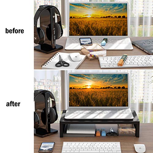 BAMEOS Monitor Stand Computer Riser Desk Organizer Stand Desktop Printer Stand for Laptop Computer Storage Shelf & Screen Holder 16.5 inches with Cable Management Phone Holder