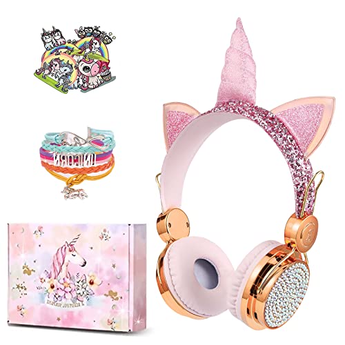 lalacosy Kids Wireless Headphones with Microphone,Unicorns Gifts for Girls,16 hrs Work Time,95dB Volume Limited,Soft Ear Cups,Over-Ear Headphones for Kids,Wireless Headset for PC,Tablet,Laptop,Gold