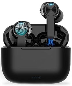 xleader touch wireless earbuds, enc bluetooth earphones, soundangel pro deep bass up small headphones with microphone and mini smart charging case usb-c quick charge ipx8 waterproof, for iphone work