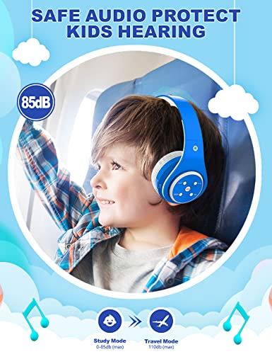 Kids Headphones Bluetooth Wireless 85db/110db Volume Limit Headset Fit for Aged 3-21 Over-Ear and Build-in Mic Wired & SD Card Mode Headphones for Boys Girls Travel School Phone Pad Tablet PC Blue