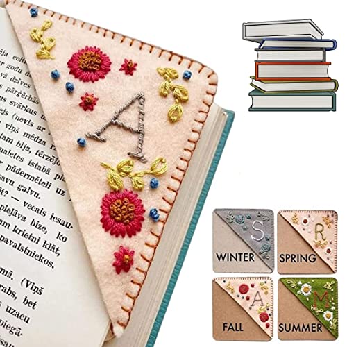 Personalized Hand Embroidered Corner Bookmark, Handmade Bookmark Cute Flower Letter Embroidery, Felt Triangle Page Corner Felt Triangle Bookmark for Book Lovers Fall J