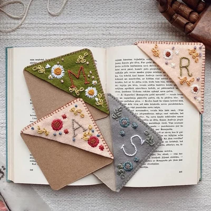 Personalized Hand Embroidered Corner Bookmark, Handmade Bookmark Cute Flower Letter Embroidery, Felt Triangle Page Corner Felt Triangle Bookmark for Book Lovers Fall J