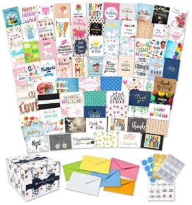 100 all occasion cards assortment box with envelopes and stickers – large 5×7 inch bulk greeting cards and blank notes, 100 unique designs in a sturdy card organizer box