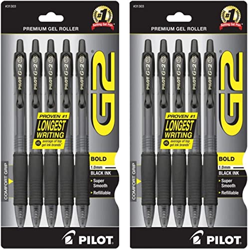 Pilot G2 Retractable Premium Gel Ink Roller Ball Pens Bold Point (Black, 10-Pack)