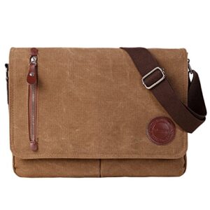 vintage canvas satchel messenger bag for men women,travel shoulder bag 13.5″ laptop bags bookbag (coffee)