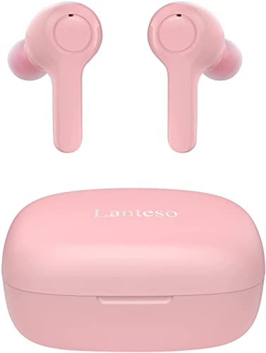 Lanteso True Wireless Earbuds, TWS Bluetooth Earbuds with Mics Noise Reduction Touch Control Bluetooth Headphones with Bass Sound in Ear Earphones for Music,Home Office… (Pink)