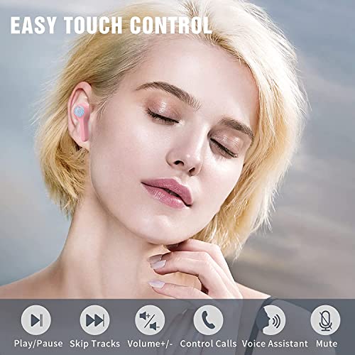 Lanteso True Wireless Earbuds, TWS Bluetooth Earbuds with Mics Noise Reduction Touch Control Bluetooth Headphones with Bass Sound in Ear Earphones for Music,Home Office… (Pink)
