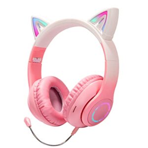 tokani cat ear headphones, kids bluetooth headphone with microphone,foldable comfortable and adjustable wireless/wire over ear headset for girls teenagers and adults(pink)