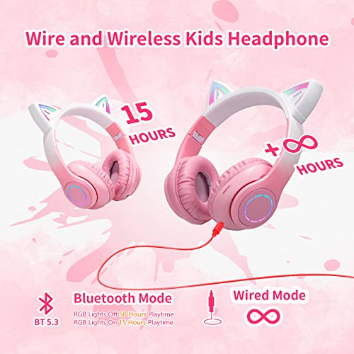 TOKANI Cat Ear Headphones, Kids Bluetooth Headphone with Microphone,Foldable Comfortable and Adjustable Wireless/Wire Over Ear Headset for Girls Teenagers and Adults(Pink)