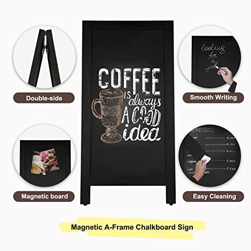 4 THOUGHT A-Frame Magnetic Sidewalk Chalkboard Sign 40" x 20", Classic Wooden Freestanding Sidewalk Sign, Double-Sided Sign Board for Restaurant Shop Wedding Party, Black