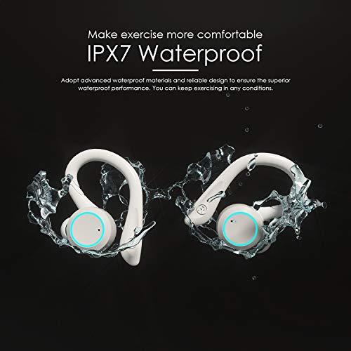 APEKX True Wireless Earphones with Charging Case IPX 7 Waterproof Over Ear Bluetooth Headphones Built-in Mic Deep Bass Headset for Sport Running - White