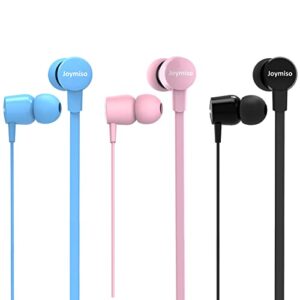 joymiso tangle free earbuds for kids women small ears with case, 3 sets bundle, comfortable lightweight, flat cable ear buds wired earphones with microphone and volume control for cell phone laptop