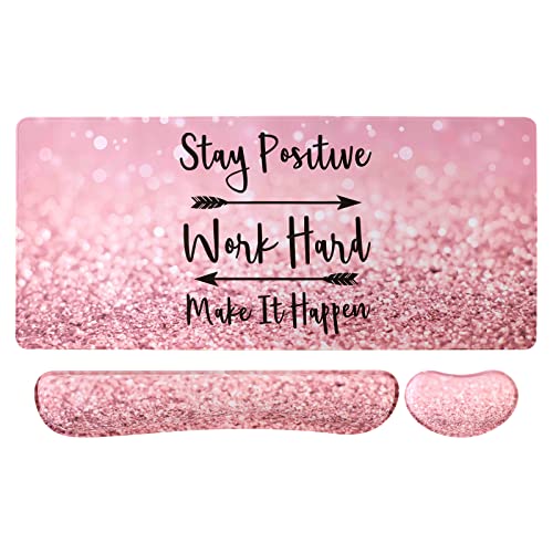 iCasso Keyboard Mouse Pad Set,Extended Gaming Mouse Pad+Keyboard Wrist Rest Support , Memory Foam, Easy Typing Pain Relief, 3Pcs (35.4×15.7 in) XXL Ultra Thick Desk Mat -Pink Stay Positive