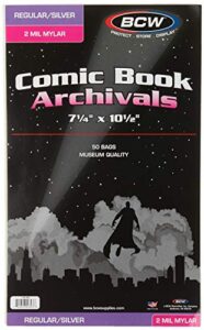 bcw silver comic mylar bags 2 mil – comics, comic books storage collecting supplies, 7 1/4 x 10 1/2 50 pack