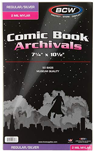 BCW Silver Comic Mylar Bags 2 Mil - Comics, Comic Books Storage Collecting Supplies, 7 1/4 X 10 1/2 50 Pack