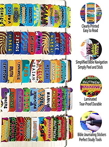 Comic Theme Laminated Bible Tabs (Large Print, Easy to Read), Personalized Bible Journaling Supplies, 120 Bible Index Tabs in Total, 66 Tabs for Old and New Testament, Additional 54 Blank Tabs