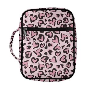 POLERO Leopard Bible Bag for Women Valentine Pink Heart Cheetah Print Bible Cover Scripture Carrying Book Case Church Bag