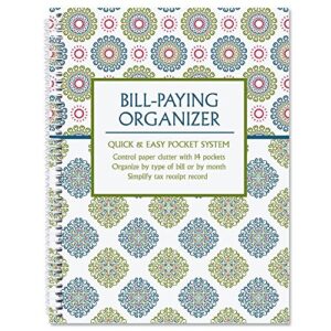 fresh patterns bill paying organizer book – personal account book, 9″ by 12 inch, spiral-bound, 14 pockets, 32 label stickers, bill tracking