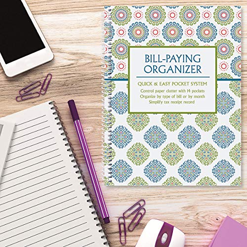 Fresh Patterns Bill Paying Organizer Book - Personal Account book, 9" by 12 inch, Spiral-Bound, 14 Pockets, 32 Label Stickers, Bill Tracking