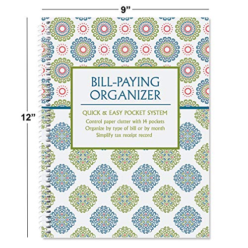 Fresh Patterns Bill Paying Organizer Book - Personal Account book, 9" by 12 inch, Spiral-Bound, 14 Pockets, 32 Label Stickers, Bill Tracking