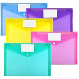 sooez 10 pack plastic envelopes poly envelopes, clear document folders us letter a4 size file envelopes with label pocket & snap button for home work office organization, 5 assorted colors