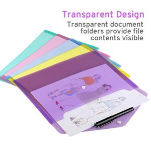 Sooez 10 Pack Plastic Envelopes Poly Envelopes, Clear Document Folders US Letter A4 Size File Envelopes with Label Pocket & Snap Button for Home Work Office Organization, 5 Assorted Colors