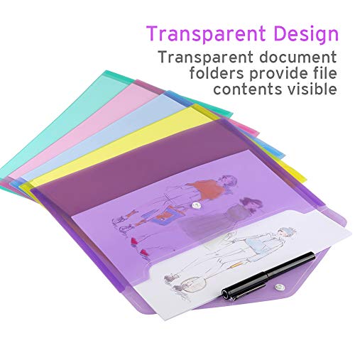 Sooez 10 Pack Plastic Envelopes Poly Envelopes, Clear Document Folders US Letter A4 Size File Envelopes with Label Pocket & Snap Button for Home Work Office Organization, 5 Assorted Colors