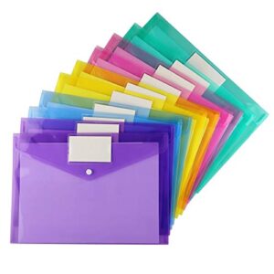 Sooez 10 Pack Plastic Envelopes Poly Envelopes, Clear Document Folders US Letter A4 Size File Envelopes with Label Pocket & Snap Button for Home Work Office Organization, 5 Assorted Colors