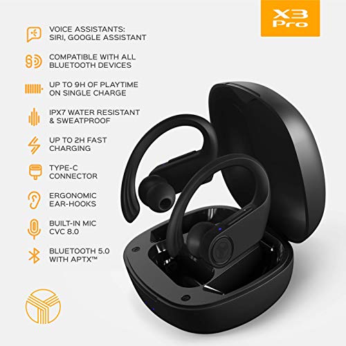 Treblab X3 Pro - True Wireless Earbuds with Earhooks - 45H Battery Life, Bluetooth 5.0 with aptX, IPX7 Waterproof Headphones - TWS Bluetooth Earphones with Charging case for Sport, Running (Renewed)