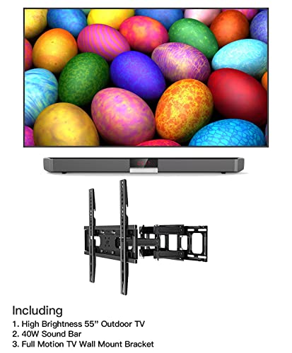 KUVASONG True 1500 Nits 55 Inch 4K Sun Readable Smart Outdoor TV with External 40W Sound Bar and Swiveling TV Wall Mount Bracket