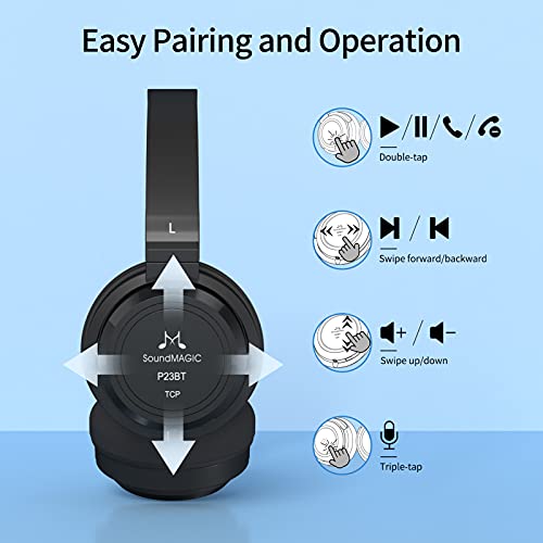 SoundMAGIC P23BT Portable On Ear Bluetooth Headphones CVC Noise Canceling Microphone HiFi Sound Stable Wireless Signal Connection Long Playtime with Detachable Cable for Game Black