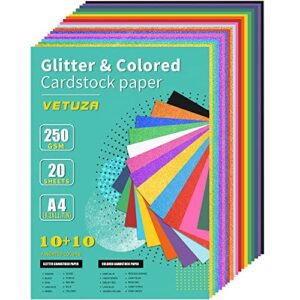 vetuza 20 sheets glitter&colored cardstock paper – 92lb./250gsm cover, a4 mixed colored craft cardstock for school diy project, birthday card making, thanksgiving gift box wrapping