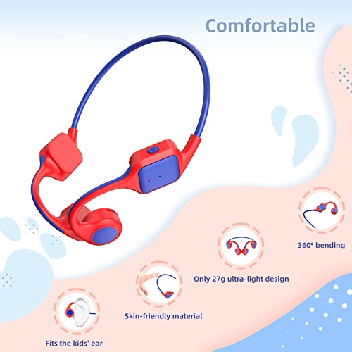 IKKO LOT ITB-X Kids Bone Conduction Headphones Bluetooth 5.2, Ear-Care Headsets for Children with Volume Limited 85dB & IP54 Waterproof for Indoor Outdoor iPad Tablet PC, Red