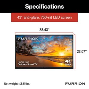 Aurora 43-Inch Partial-Sun 4K LED Outdoor Smart TV - Weatherproof HDR10 LED Outdoor Television with Anti-Glare, 750-Nit LED Screen, Tempered Glass, External Antennas for Partially Sunny Outdoor Areas