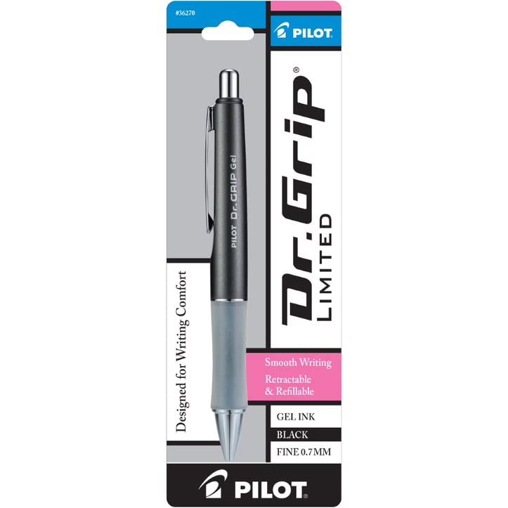 PILOT Dr. Grip Limited Refillable & Retractable Gel Ink Rolling Ball Pen, Fine Point, Metallic Charcoal Gray Barrel, Black Ink, Single Pen (36270)