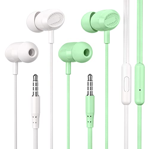 ELOVEN 3.5mm Wired Headphones HiFi Stereo Sound Wired Earbuds Noise Cancelling in-Ear Headset with Bulit-in Mic Volume Control Sports Earphones for iPhone Samsung iPad 2 Pack White+Green