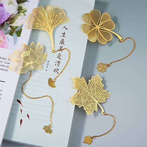Metal Bookmarks with Chain Golden Hollow Leaf Bookmark Unique Leaf Plant Gifts Bookmark for Women Men Book Lovers Writers Readers(Apricot Chain)