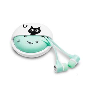 qearfun stereo 3.5mm in ear cat earphones earbuds with microphone with earphone storage case for smartphone mp3 ipod pc music (green)